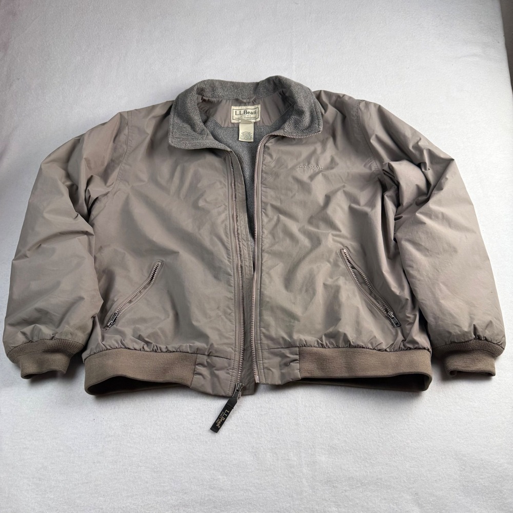 LL Bean Warm-Up Jacket Mens Large Taupe Fleece Lined Nylon Bomber 205107